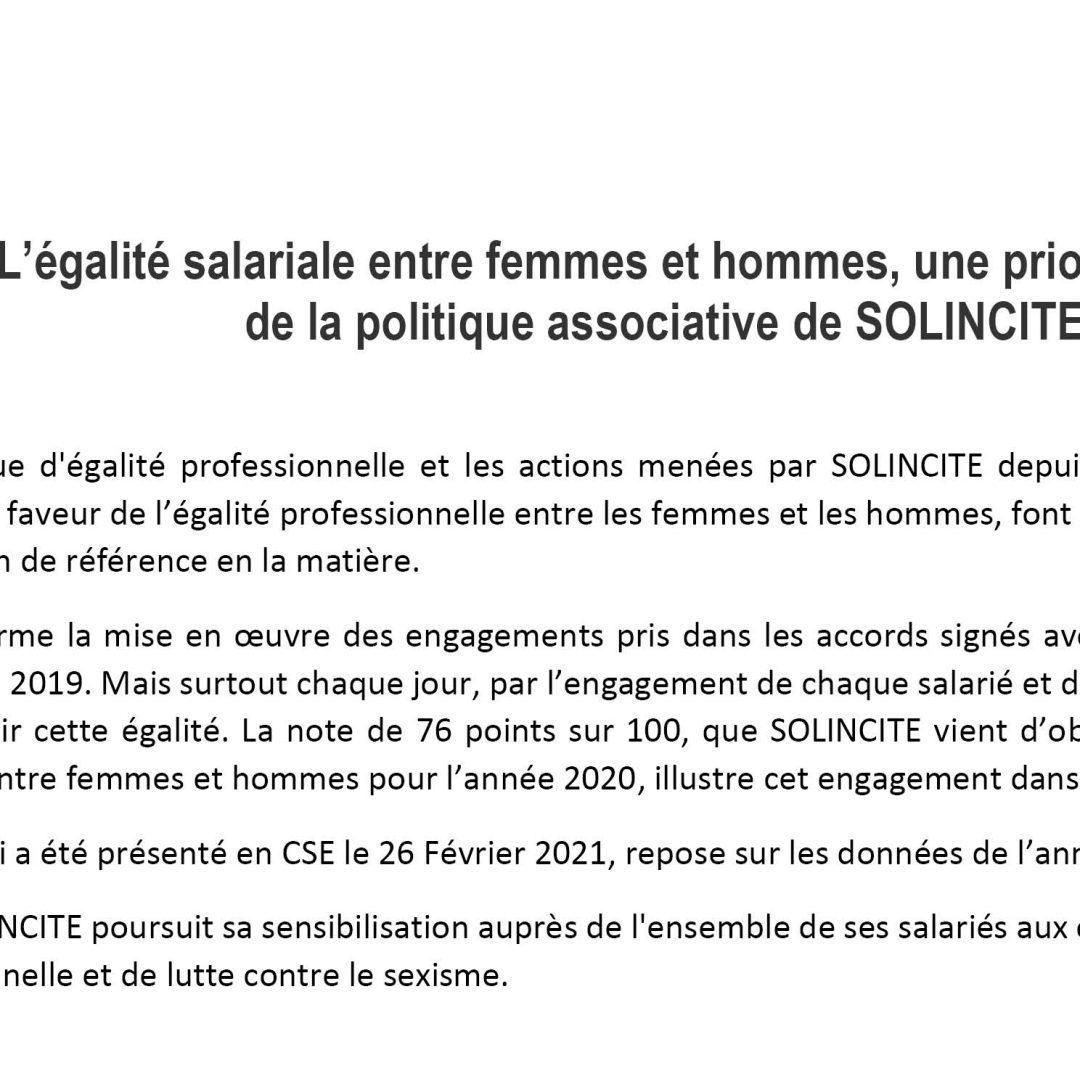 L’égalité salariale entre femmes et hommes, une priorité au cœur de la politique associative de SOLINCITE